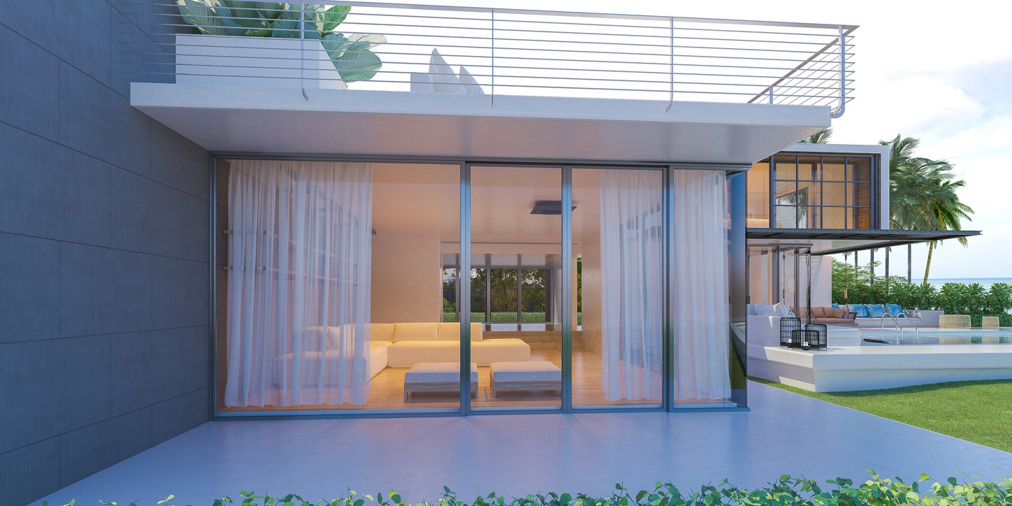 novostavba s veľk&yacute;mi oknami a terasou